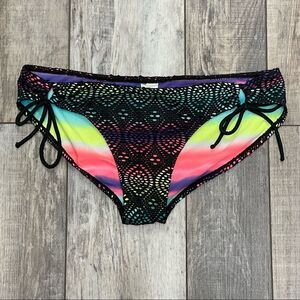 OP Black Crochet Lace Over Rainbow Colored Fabric Swim Bottoms Only Size Large